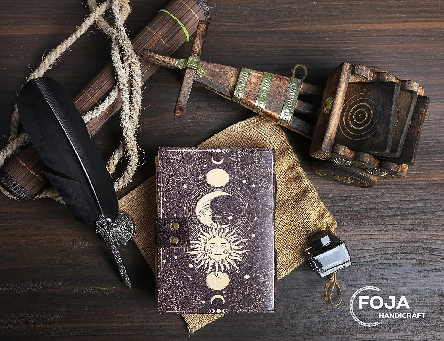 Sun & Moon Vintage Leather Journal for Men & Women 200 Pages of Antique Handmade Deckle Edge Vintage Paper, Leather Sketchbook, Drawing Journal, Printed Leather Journal, Great Gift (9 x 6)