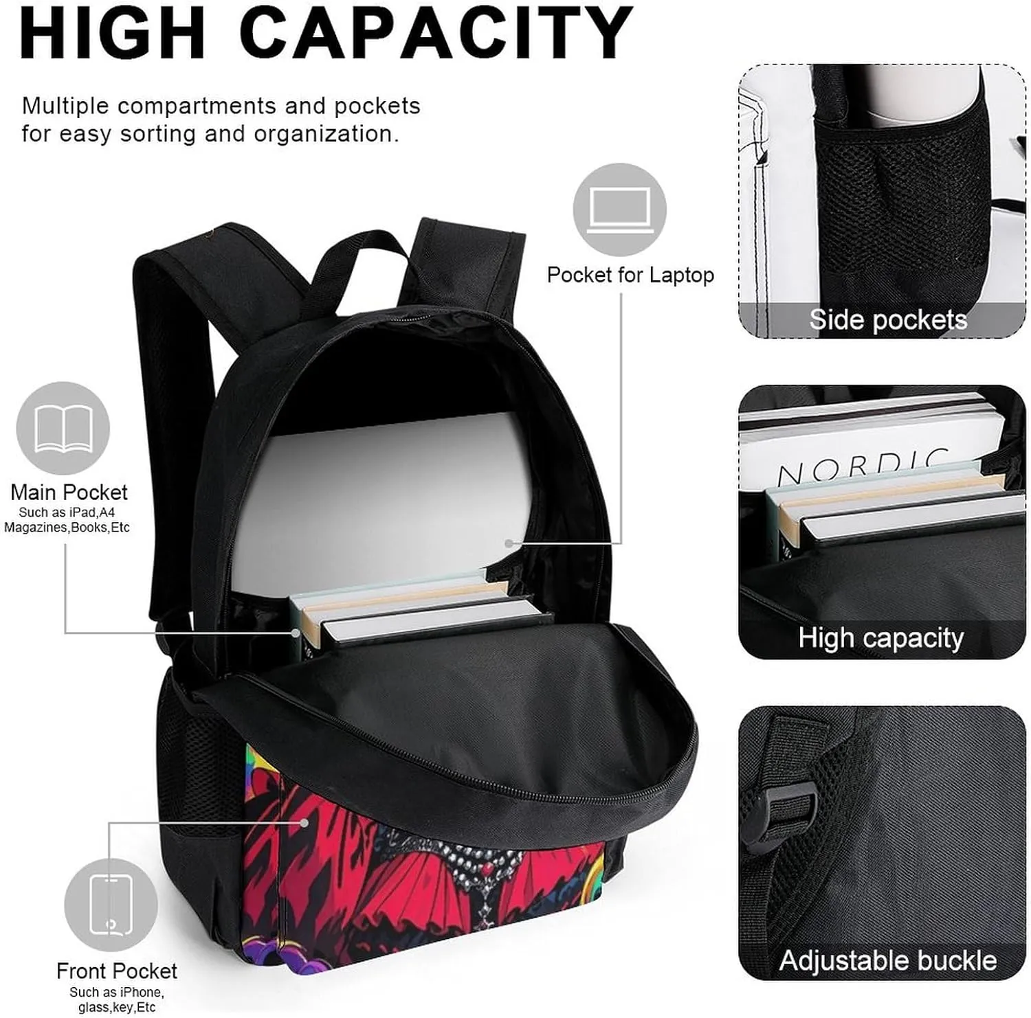 Supdreamc 3 Pcs Backpack Sets Beautiful Women Gothic Woman Skull Neon Art Travel Hiking Daypack - Big Capacity Multipurpose Business Anti-Theft Bookbag for Adults