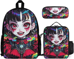 Supdreamc 3 Pcs Backpack Sets Beautiful Women Gothic Woman Skull Neon Art Travel Hiking Daypack - Big Capacity Multipurpose Business Anti-Theft Bookbag for Adults