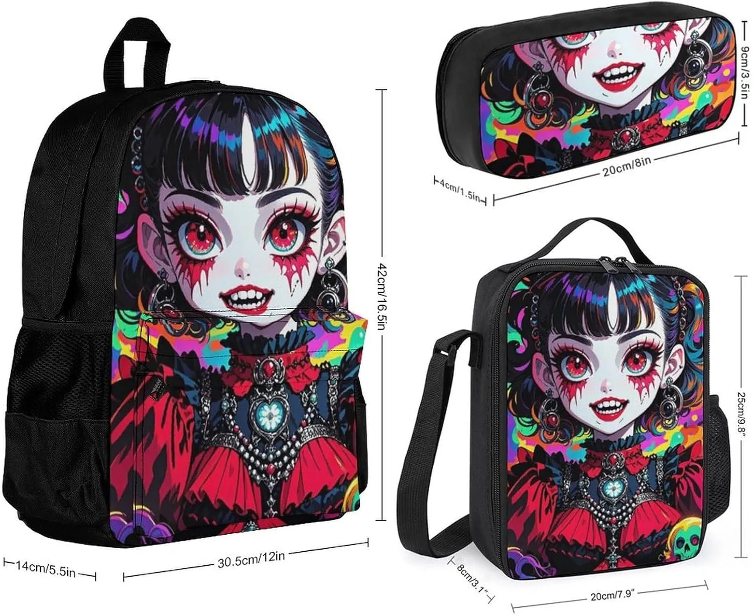 Supdreamc 3 Pcs Backpack Sets Beautiful Women Gothic Woman Skull Neon Art Travel Hiking Daypack - Big Capacity Multipurpose Business Anti-Theft Bookbag for Adults