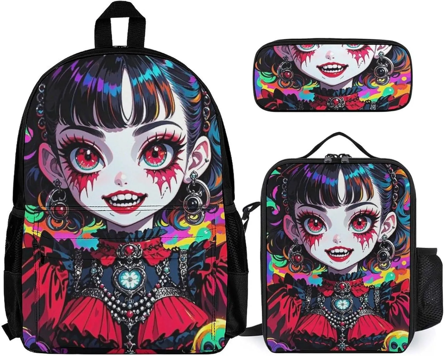 Supdreamc 3 Pcs Backpack Sets Beautiful Women Gothic Woman Skull Neon Art Travel Hiking Daypack - Big Capacity Multipurpose Business Anti-Theft Bookbag for Adults