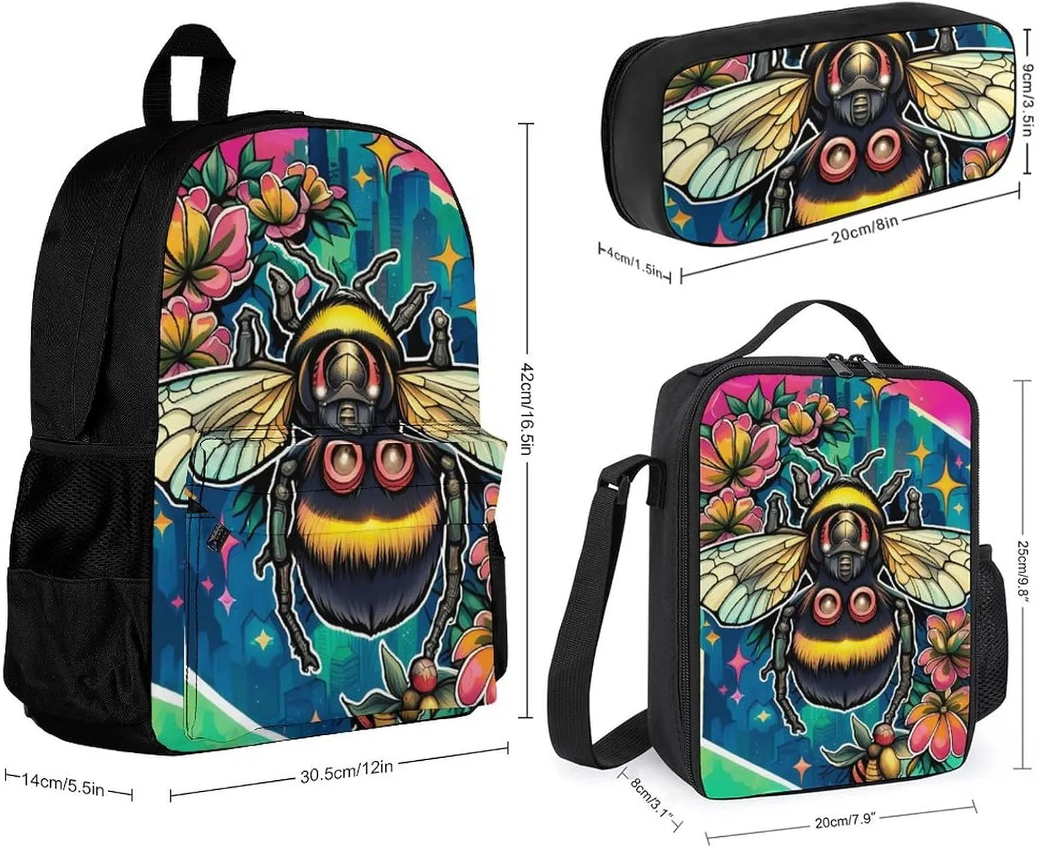 Supdreamc 3 Pcs Daypack Colorful Bee Flowers Art Travel Hiking & Camping Rucksack - Big Capacity Multipurpose Anti-Theft Shoulder Bag for Men Women Adults