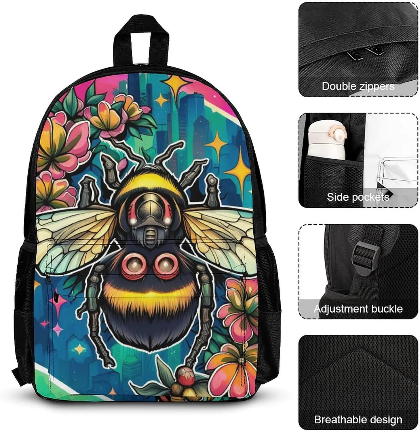 Supdreamc 3 Pcs Daypack Colorful Bee Flowers Art Travel Hiking & Camping Rucksack - Big Capacity Multipurpose Anti-Theft Shoulder Bag for Men Women Adults