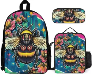 Supdreamc 3 Pcs Daypack Colorful Bee Flowers Art Travel Hiking & Camping Rucksack - Big Capacity Multipurpose Anti-Theft Shoulder Bag for Men Women Adults