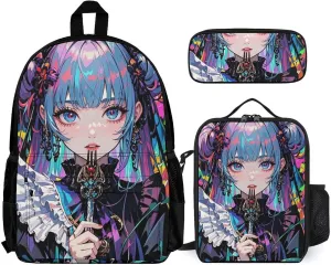Supdreamc 3 Pcs Rucksack Beautiful Gothic Woman Neon Art Traveling & Camping Backpack Sets - Large Capacity Multipurpose Anti-Theft Bookbag for Adult