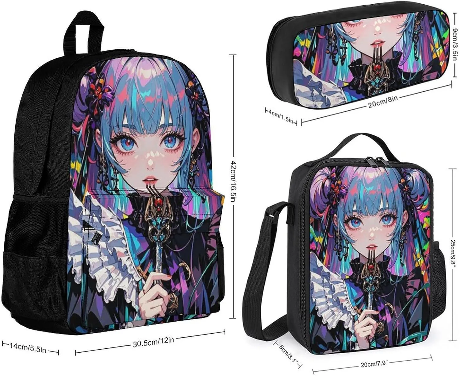 Supdreamc 3 Pcs Rucksack Beautiful Gothic Woman Neon Art Traveling & Camping Backpack Sets - Large Capacity Multipurpose Anti-Theft Bookbag for Adult
