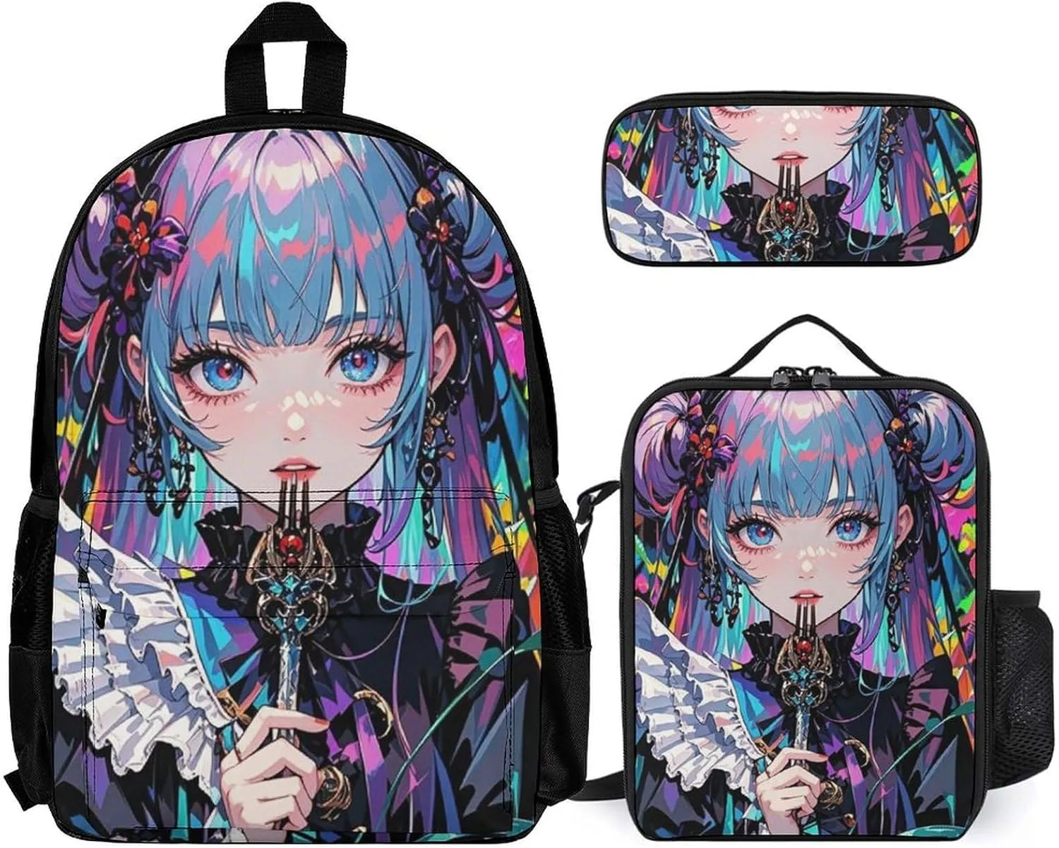 Supdreamc 3 Pcs Rucksack Beautiful Gothic Woman Neon Art Traveling & Camping Backpack Sets - Large Capacity Multipurpose Anti-Theft Bookbag for Adult