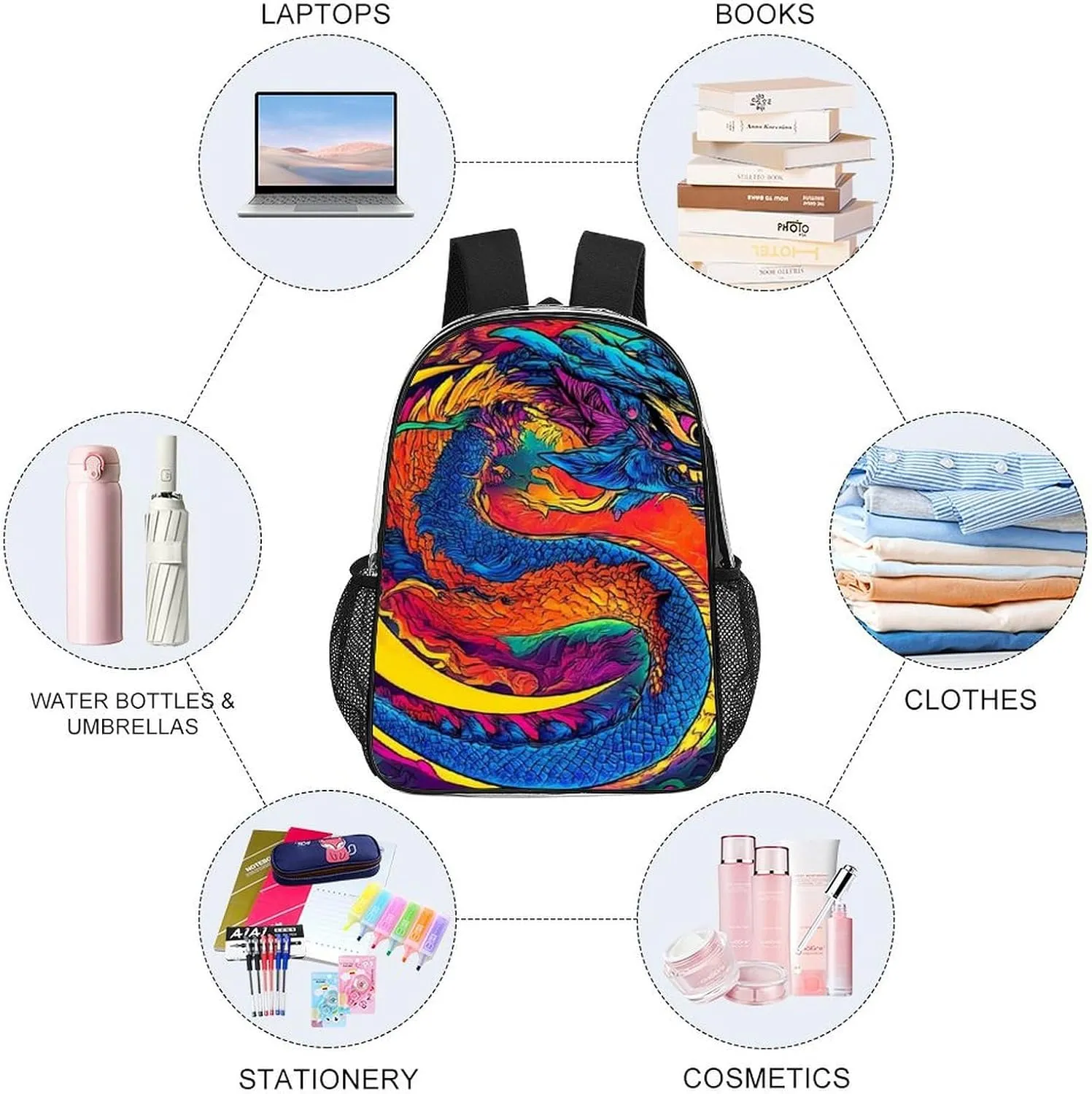 Supdreamc Casual Daypack Multipurpose Anti-Theft Large Capacity Carry On Bag - Mystery Dragon Trippy Art Casual Daypack Climbing Shoulder Transparent Bag