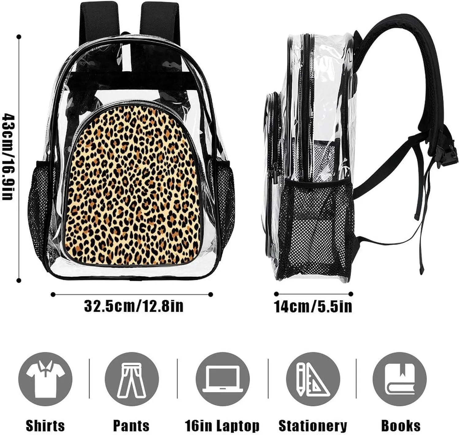 Supdreamc Cool Cheetah Leopard Art Daypack Lightweight Multipurpose Anti-Theft Shoulder Bag Large Capacity Laptop Book Bag Rucksack Transparent Bag