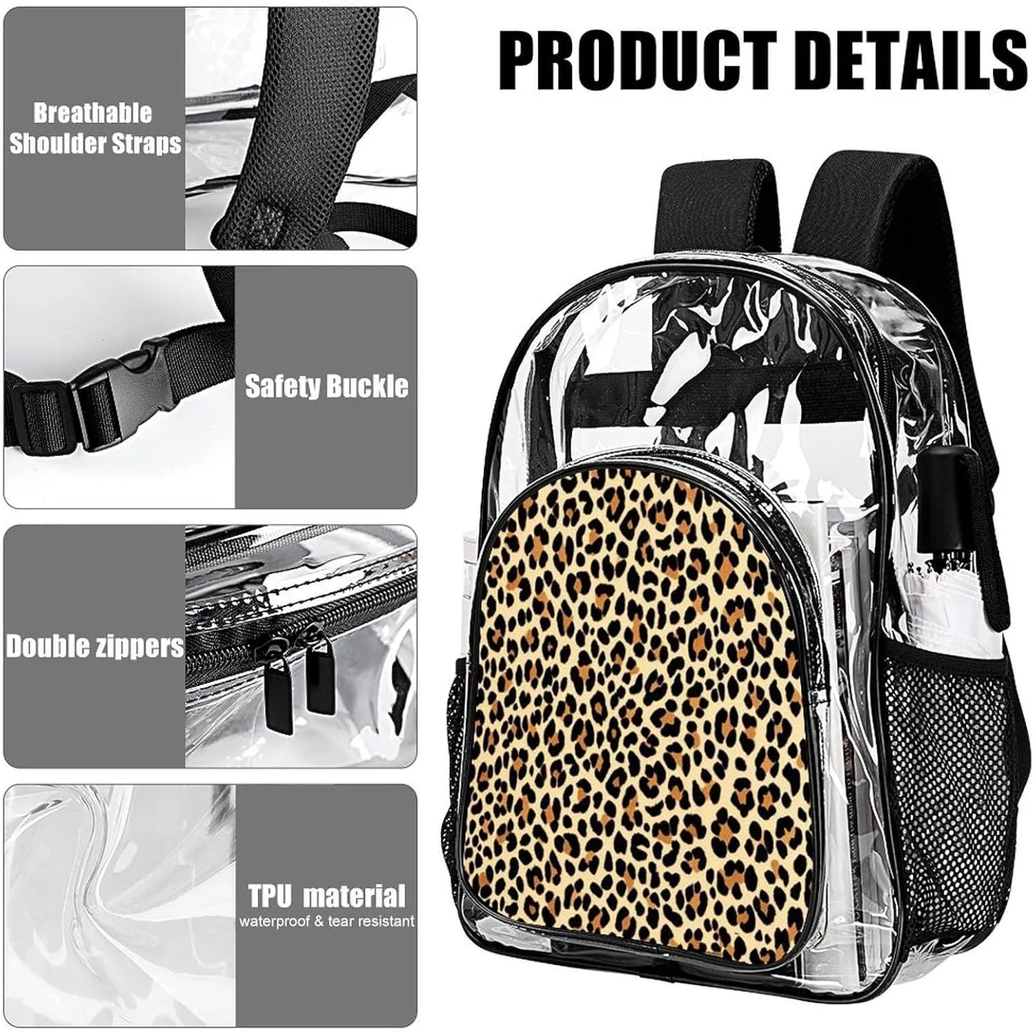 Supdreamc Cool Cheetah Leopard Art Daypack Lightweight Multipurpose Anti-Theft Shoulder Bag Large Capacity Laptop Book Bag Rucksack Transparent Bag