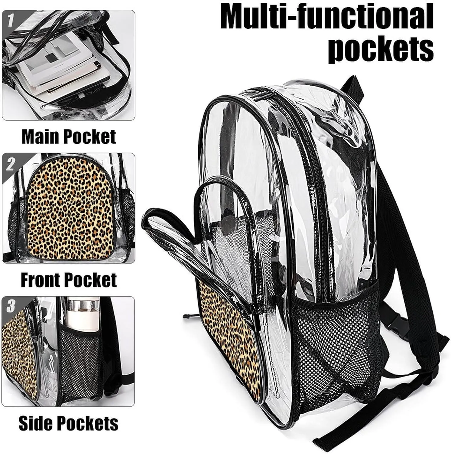 Supdreamc Cool Cheetah Leopard Art Daypack Lightweight Multipurpose Anti-Theft Shoulder Bag Large Capacity Laptop Book Bag Rucksack Transparent Bag