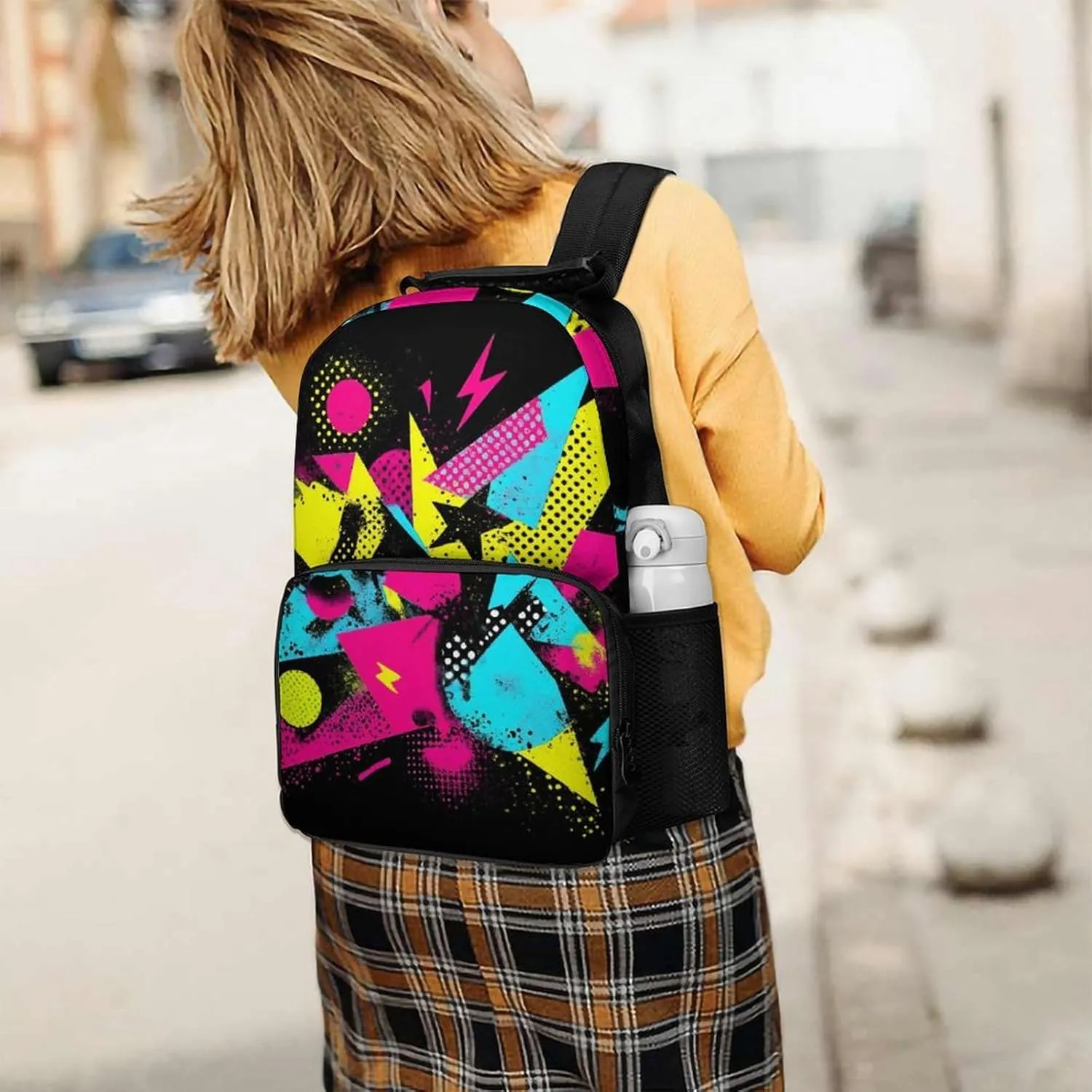 Supdreamc Daypack Anti-Theft Multipurpose Large Capacity Shoulder Bag - Colorful Black Geometric Stripes 80S 90S Style Travel Hiking & Camping Rucksack With Smooth Zippers