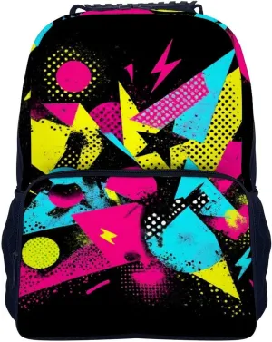 Supdreamc Daypack Anti-Theft Multipurpose Large Capacity Shoulder Bag - Colorful Black Geometric Stripes 80S 90S Style Travel Hiking & Camping Rucksack With Smooth Zippers