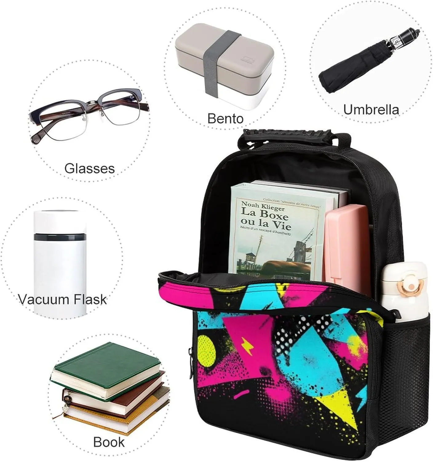 Supdreamc Daypack Anti-Theft Multipurpose Large Capacity Shoulder Bag - Colorful Black Geometric Stripes 80S 90S Style Travel Hiking & Camping Rucksack With Smooth Zippers