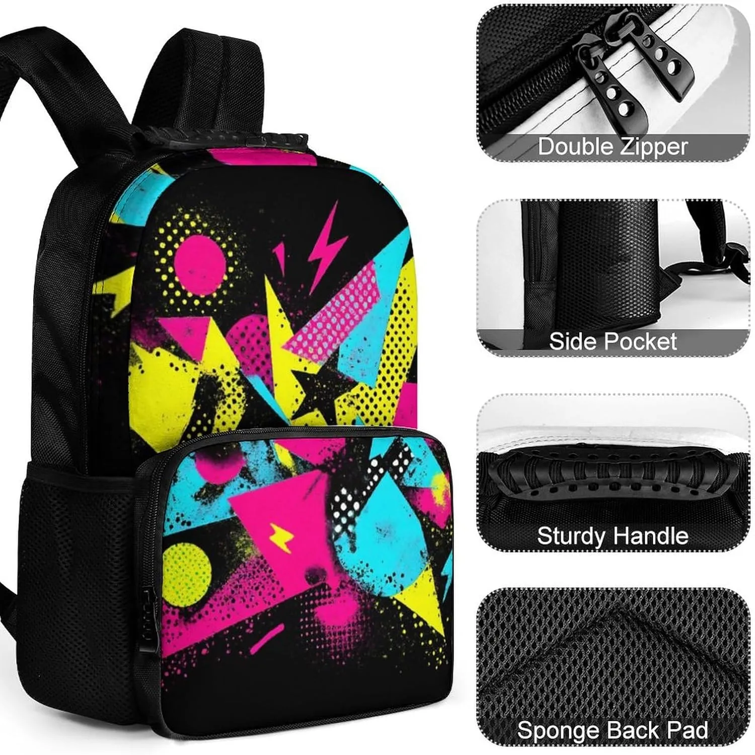 Supdreamc Daypack Anti-Theft Multipurpose Large Capacity Shoulder Bag - Colorful Black Geometric Stripes 80S 90S Style Travel Hiking & Camping Rucksack With Smooth Zippers