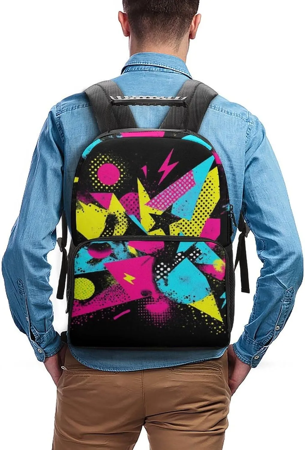 Supdreamc Daypack Anti-Theft Multipurpose Large Capacity Shoulder Bag - Colorful Black Geometric Stripes 80S 90S Style Travel Hiking & Camping Rucksack With Smooth Zippers