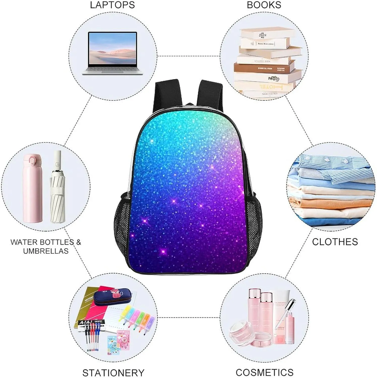 Supdreamc Daypack Backpack Anti-Theft Multipurpose Big Capacity Bookbag - Beautiful Turquoise Bling Glitter Sparkles Pattern Business Computer Bag Transparent Bag