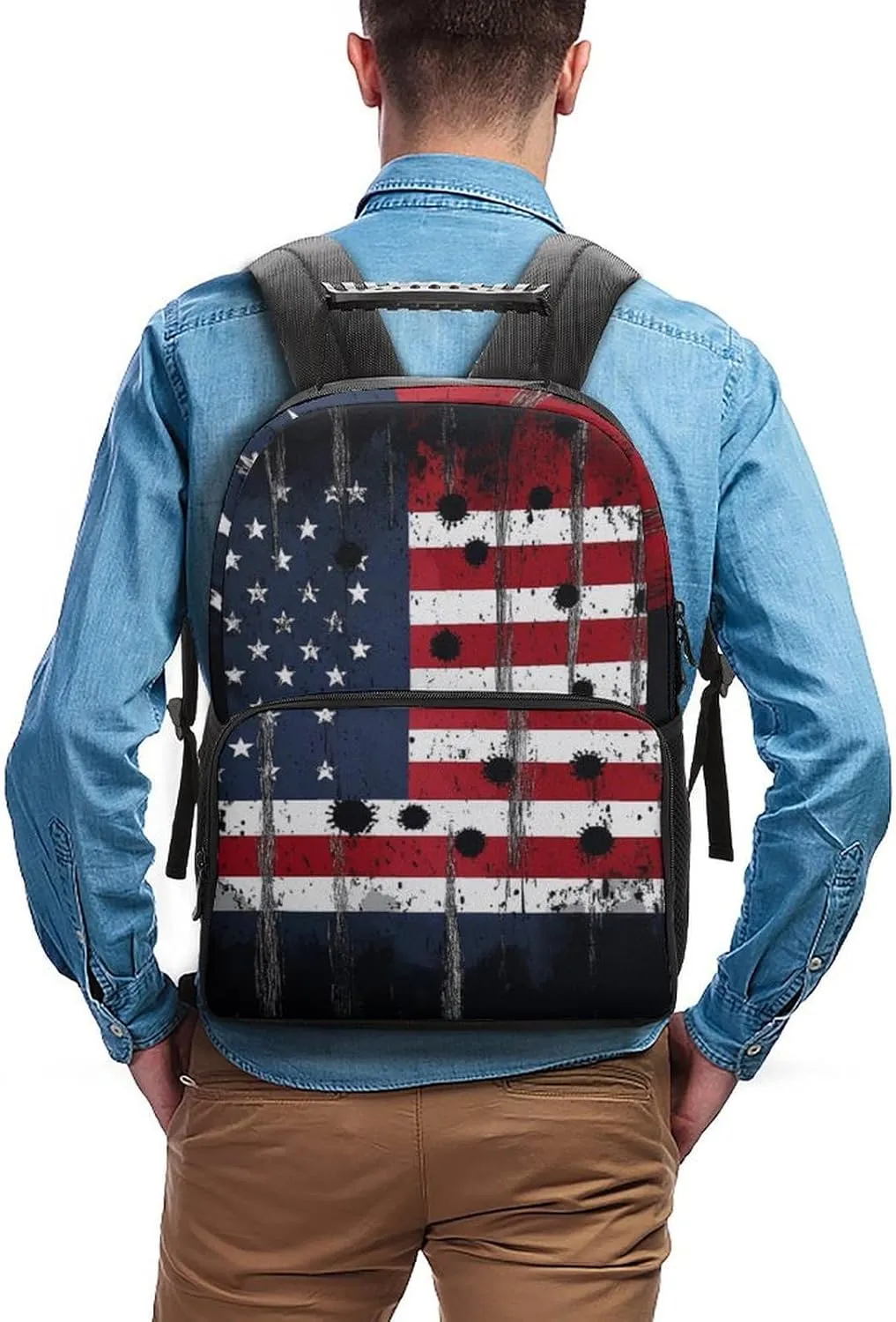 Supdreamc Lightweight Daypack Backpack for Trekking Work Running - Big Capacity Multipurpose Anti-Theft Bookbag, American Usa Flag War Bullet Hole Business Computer Bag