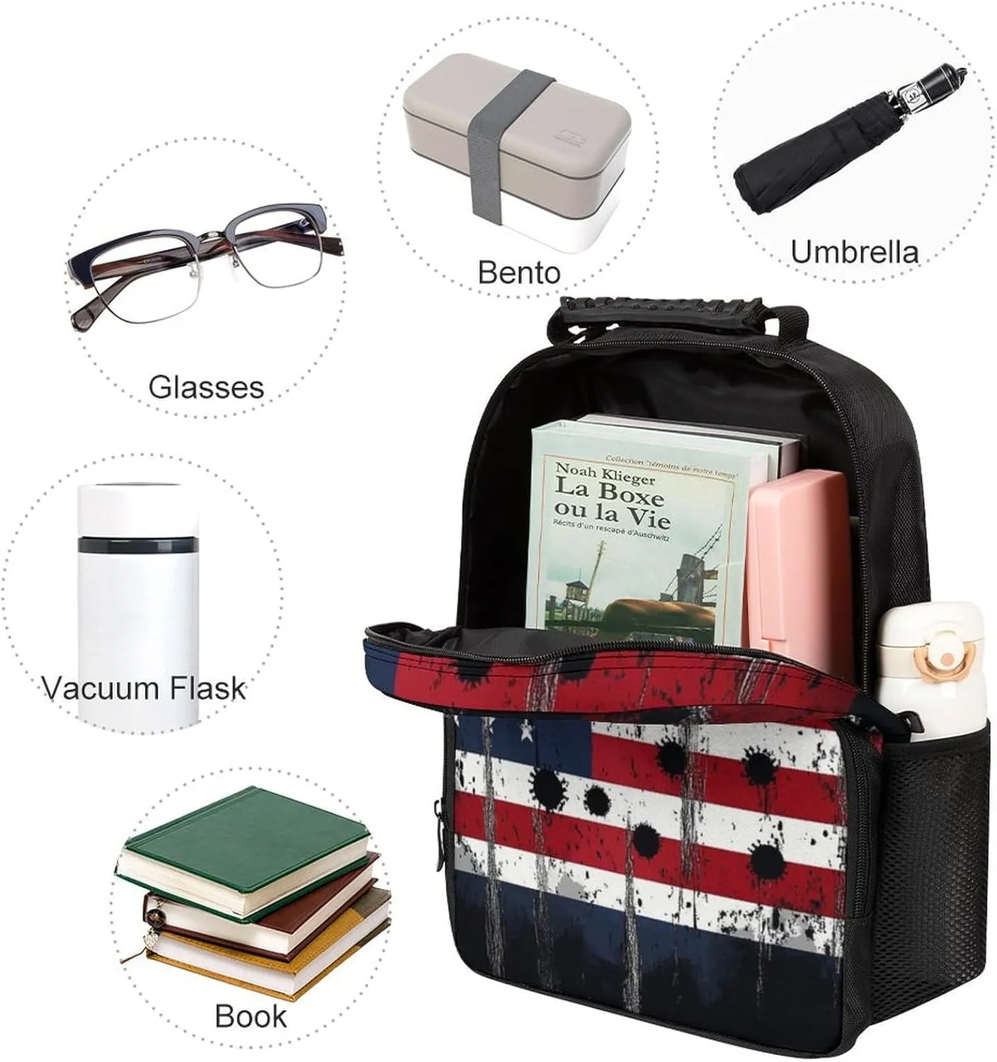 Supdreamc Lightweight Daypack Backpack for Trekking Work Running - Big Capacity Multipurpose Anti-Theft Bookbag, American Usa Flag War Bullet Hole Business Computer Bag