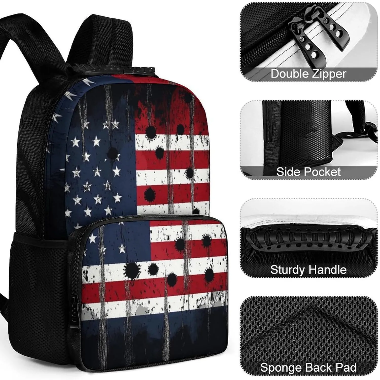 Supdreamc Lightweight Daypack Backpack for Trekking Work Running - Big Capacity Multipurpose Anti-Theft Bookbag, American Usa Flag War Bullet Hole Business Computer Bag