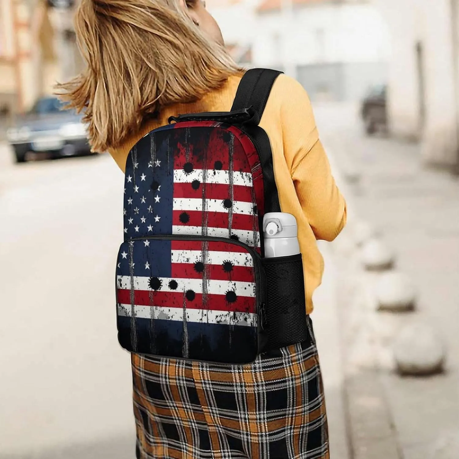 Supdreamc Lightweight Daypack Backpack for Trekking Work Running - Big Capacity Multipurpose Anti-Theft Bookbag, American Usa Flag War Bullet Hole Business Computer Bag