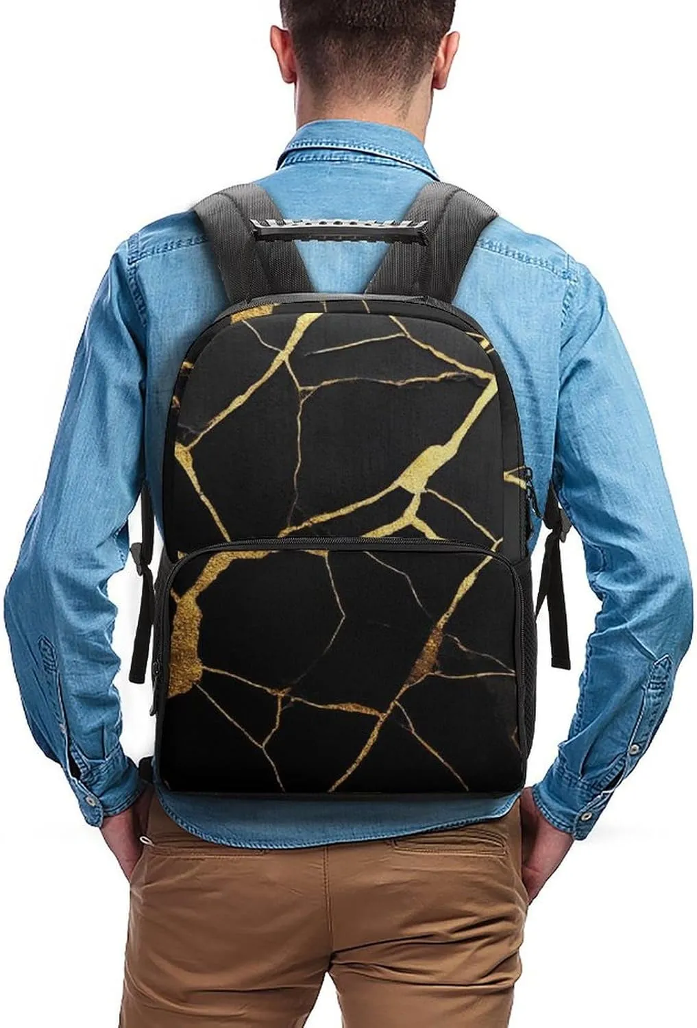 Supdreamc Lightweight Daypack for Camping Business Walking Cycling - Large Capacity Anti-Theft Multipurpose Bookbag, Black Marble Gold Texture Gym Outdoor Hiking Backpack