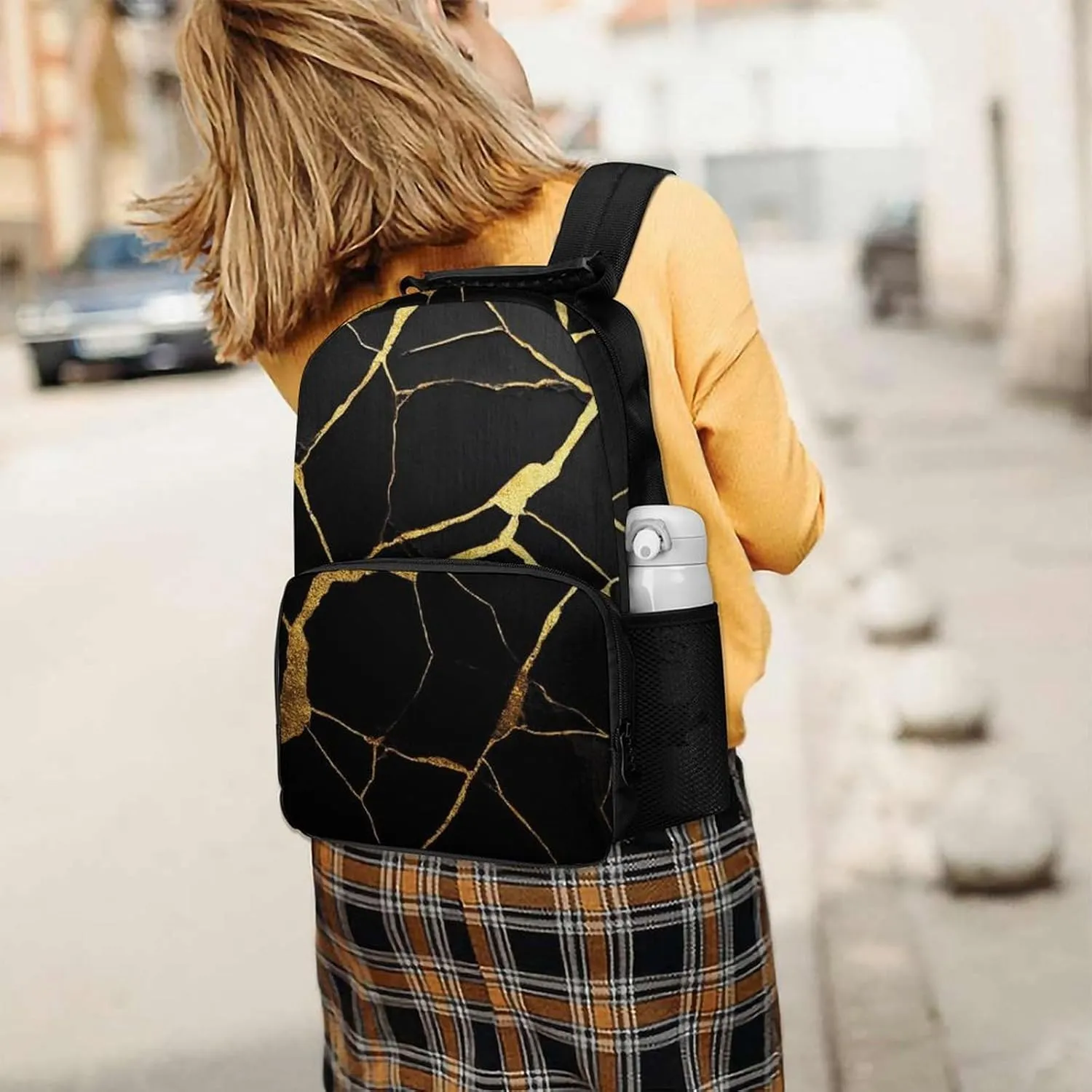 Supdreamc Lightweight Daypack for Camping Business Walking Cycling - Large Capacity Anti-Theft Multipurpose Bookbag, Black Marble Gold Texture Gym Outdoor Hiking Backpack