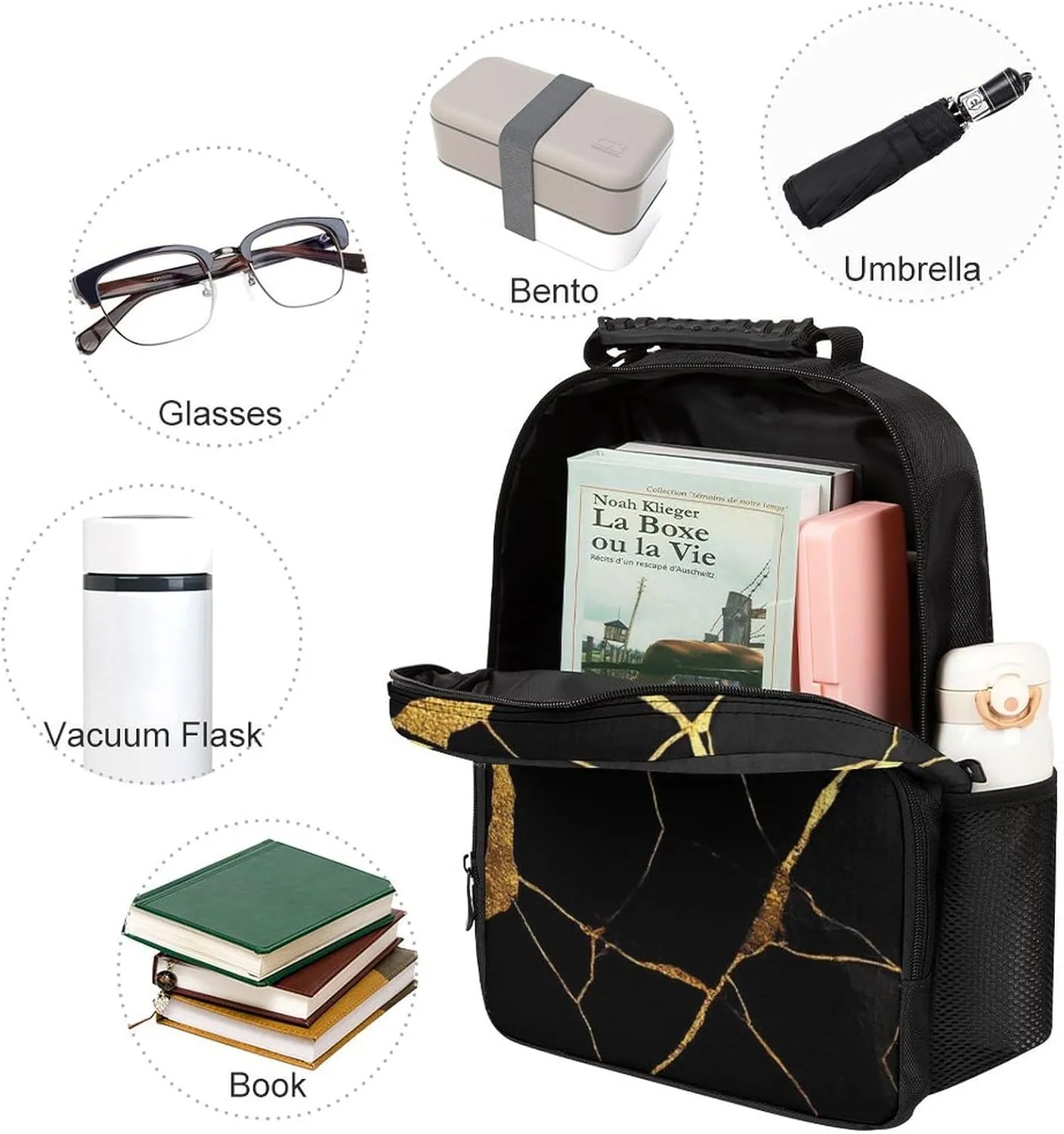 Supdreamc Lightweight Daypack for Camping Business Walking Cycling - Large Capacity Anti-Theft Multipurpose Bookbag, Black Marble Gold Texture Gym Outdoor Hiking Backpack
