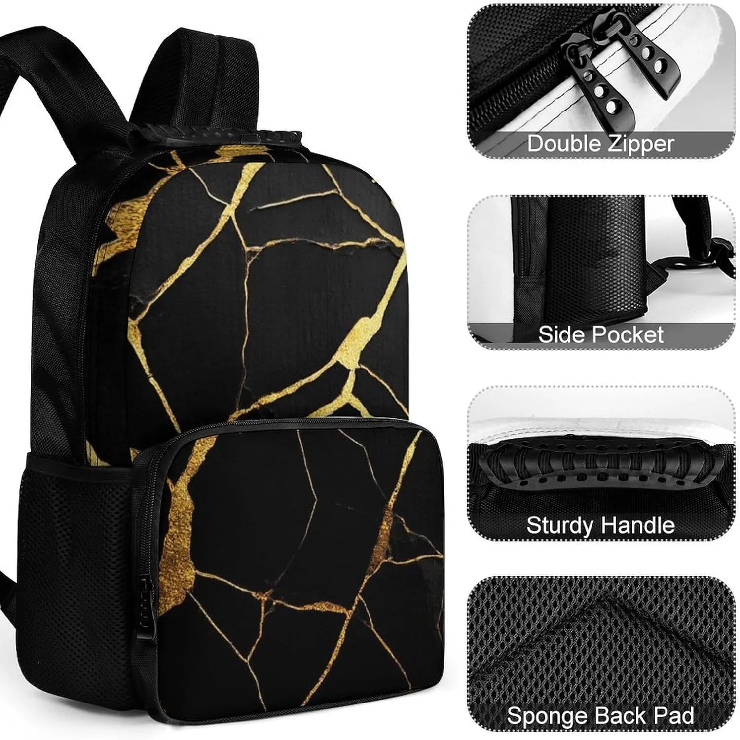 Supdreamc Lightweight Daypack for Camping Business Walking Cycling - Large Capacity Anti-Theft Multipurpose Bookbag, Black Marble Gold Texture Gym Outdoor Hiking Backpack