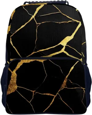 Supdreamc Lightweight Daypack for Camping Business Walking Cycling - Large Capacity Anti-Theft Multipurpose Bookbag, Black Marble Gold Texture Gym Outdoor Hiking Backpack