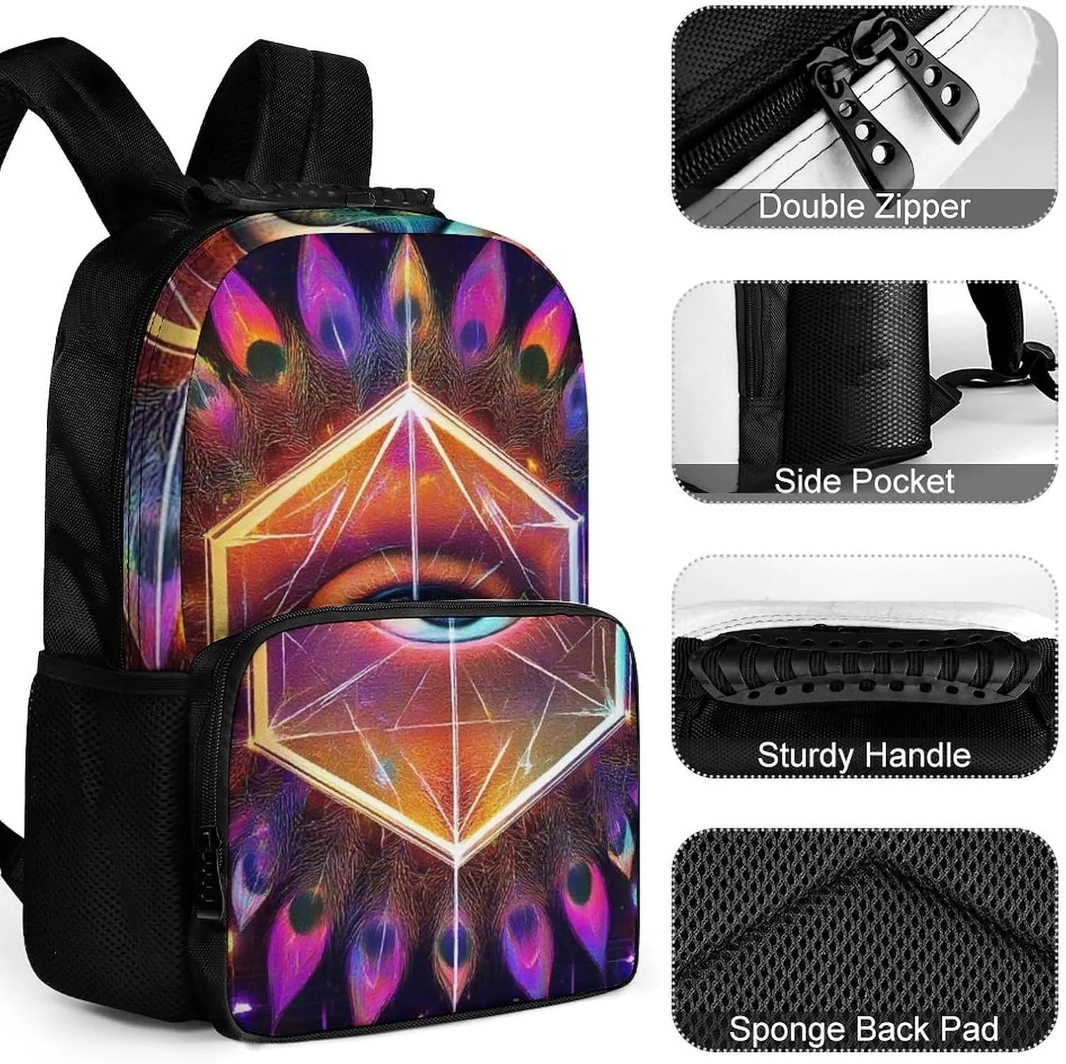 Supdreamc Rucksack Anti-Theft Multipurpose Large Capacity Carry On Bag - Colorful Tattoo Trippy Acid Eye Travel Hiking Bag & Day Pack With Side Pockets