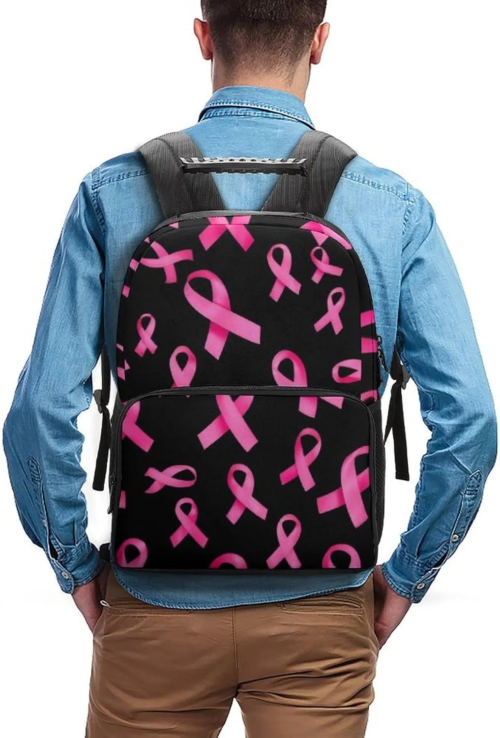 Supdreamc Shoulder Book Bags Anti-Theft Multipurpose Big Capacity Bookbag - Breast Cancer Awareness Ribbons Black Travel Hiking Backpack With Smooth Zippers