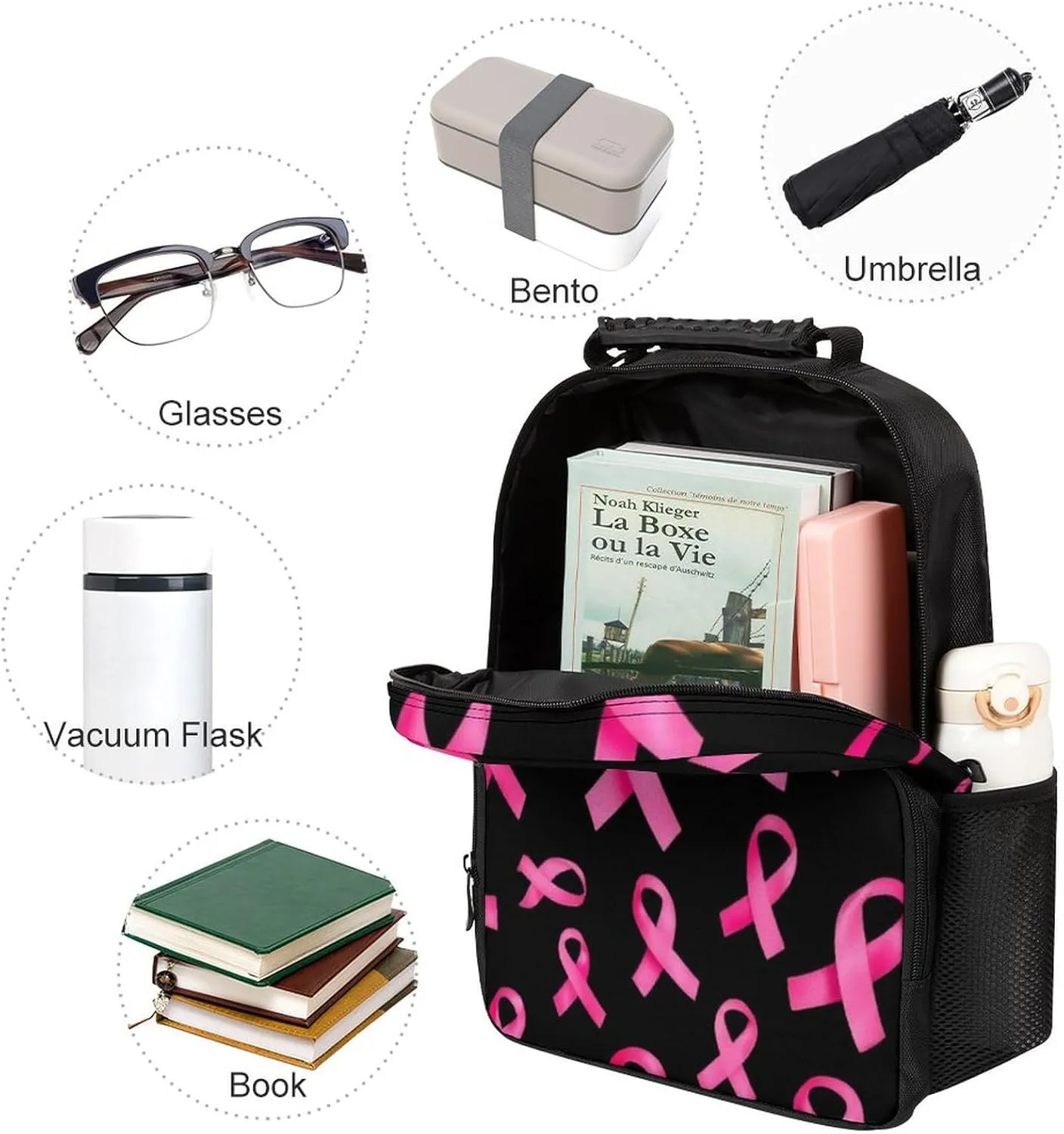 Supdreamc Shoulder Book Bags Anti-Theft Multipurpose Big Capacity Bookbag - Breast Cancer Awareness Ribbons Black Travel Hiking Backpack With Smooth Zippers