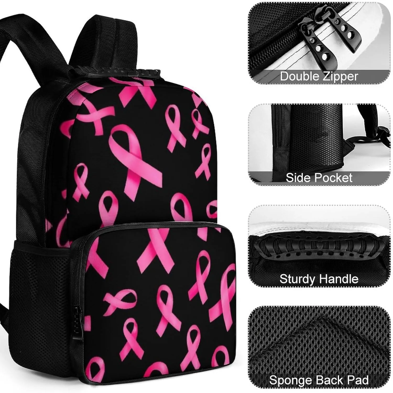 Supdreamc Shoulder Book Bags Anti-Theft Multipurpose Big Capacity Bookbag - Breast Cancer Awareness Ribbons Black Travel Hiking Backpack With Smooth Zippers