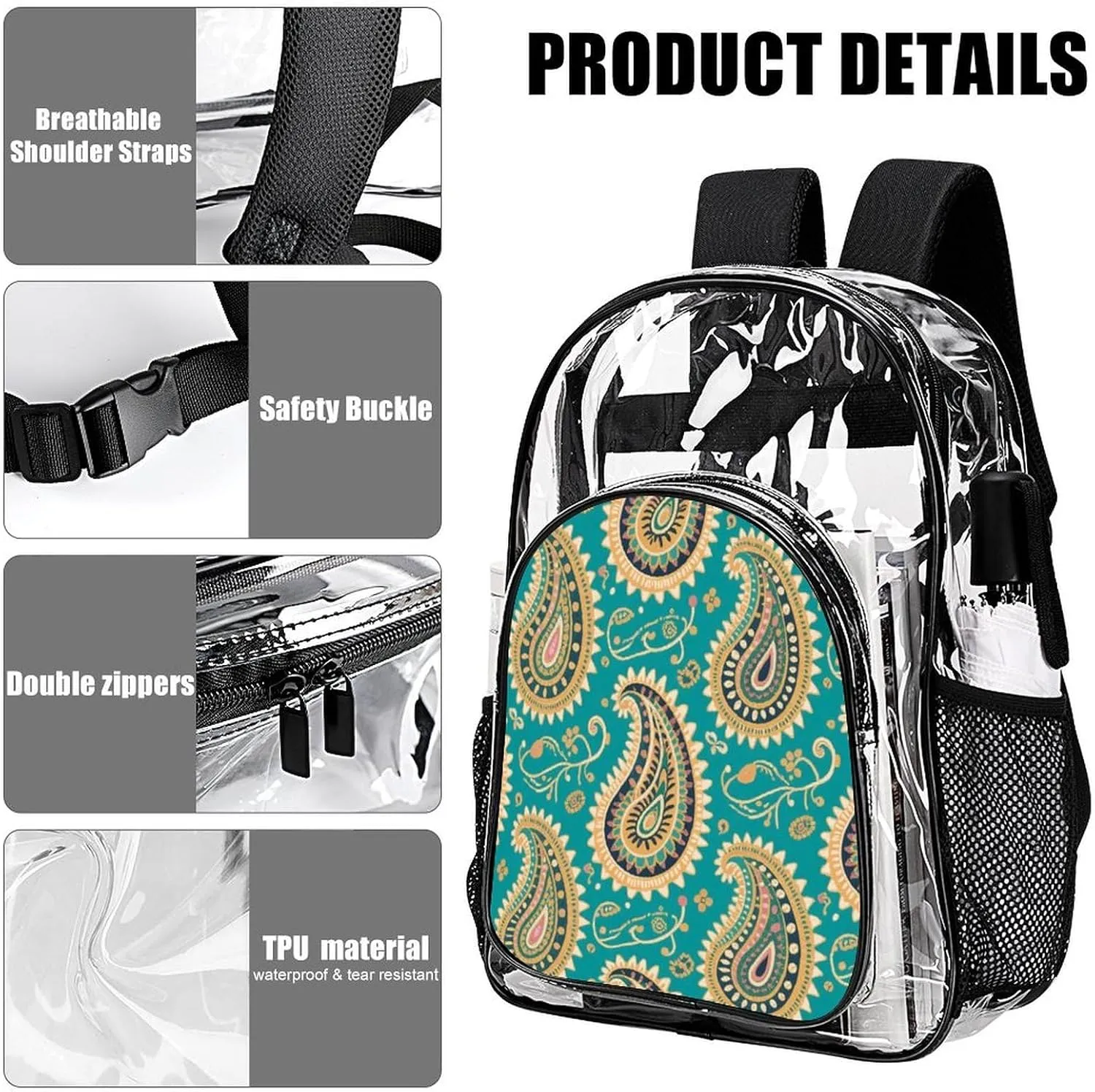 Supdreamc Transparent Daypack Backpack for Trekking Picnic Walking Cycling - Large Capacity Anti-Theft Multipurpose Shoulder Bag, Colorful Flowers Leaves Paisley Art Casual Daypack