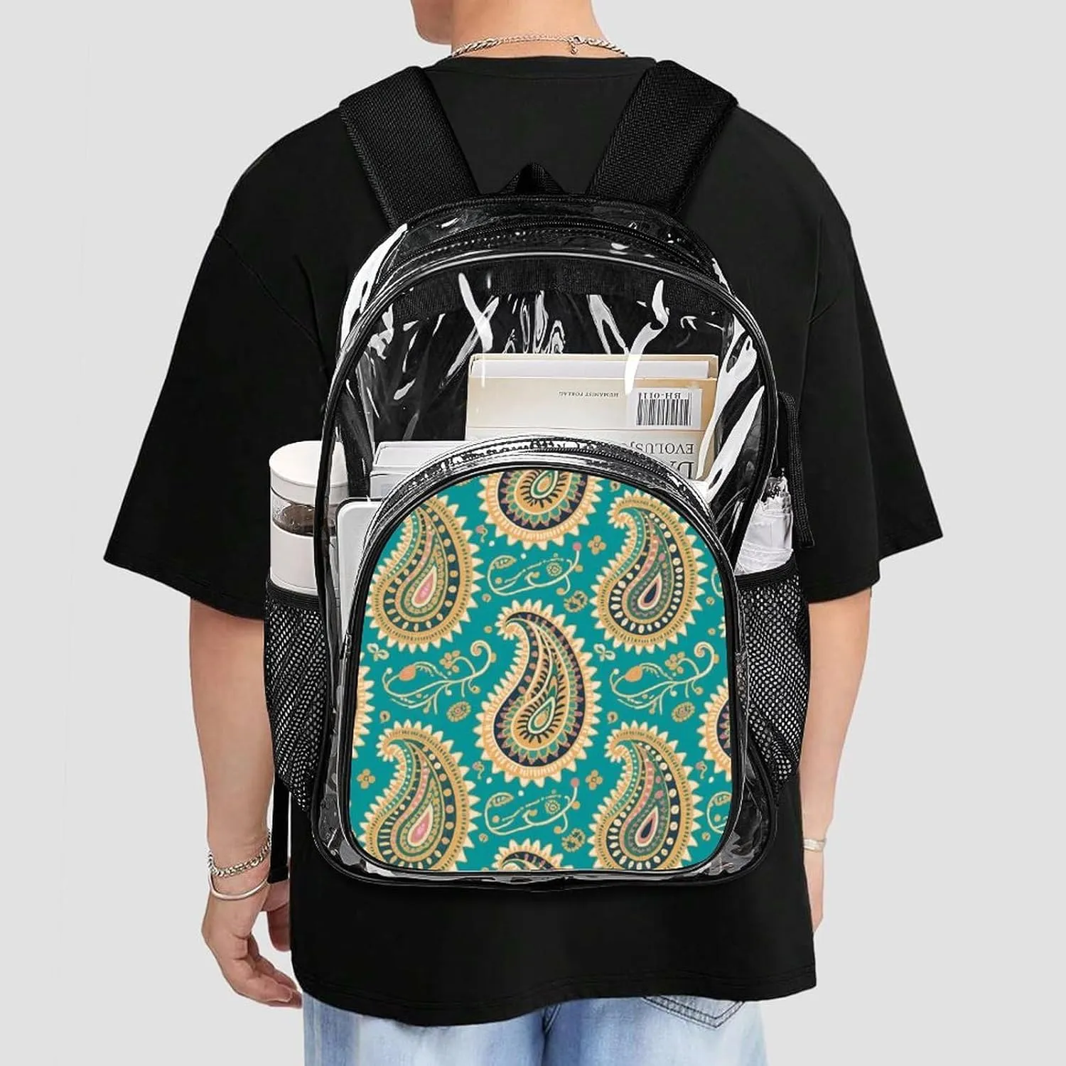 Supdreamc Transparent Daypack Backpack for Trekking Picnic Walking Cycling - Large Capacity Anti-Theft Multipurpose Shoulder Bag, Colorful Flowers Leaves Paisley Art Casual Daypack