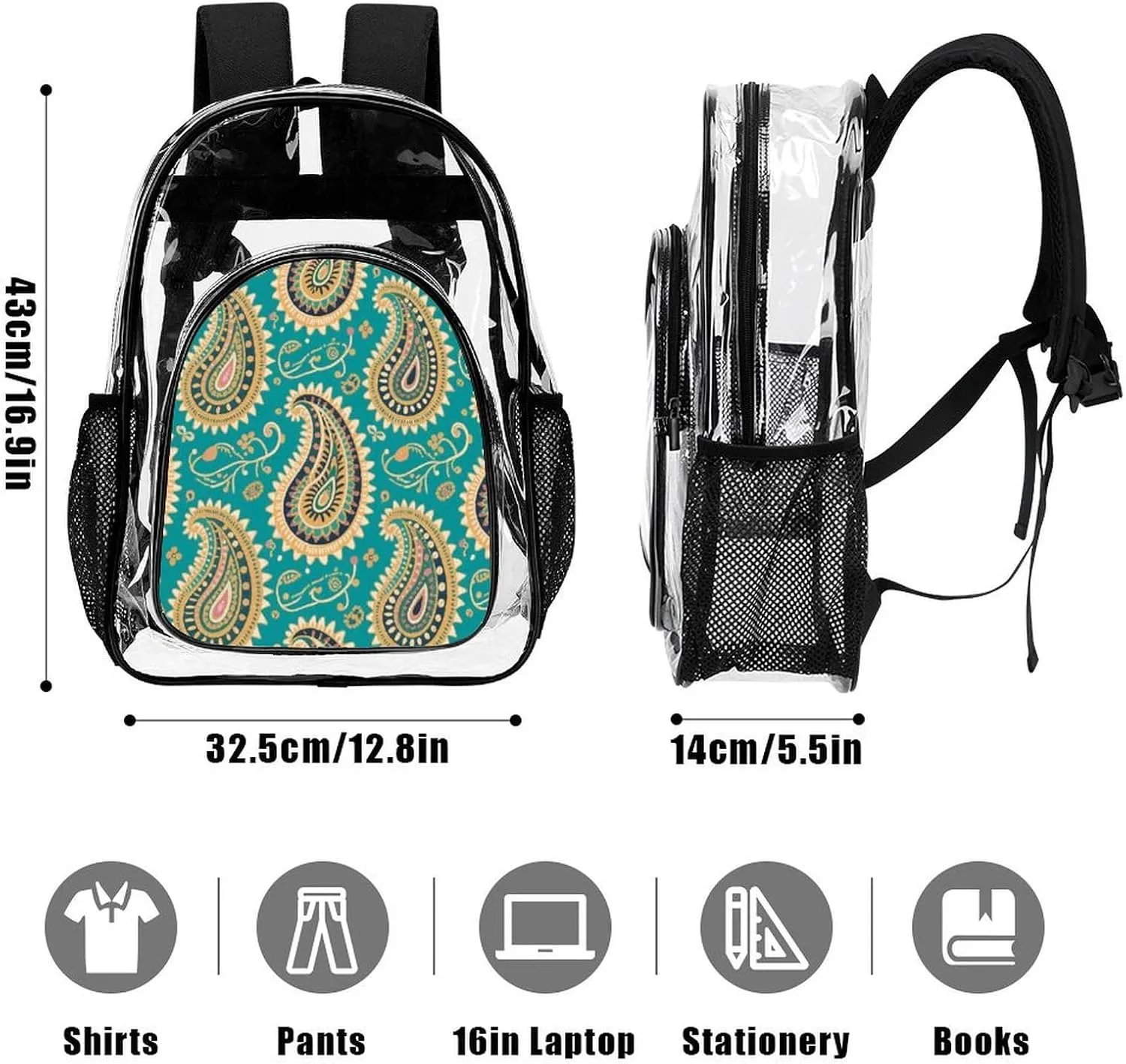 Supdreamc Transparent Daypack Backpack for Trekking Picnic Walking Cycling - Large Capacity Anti-Theft Multipurpose Shoulder Bag, Colorful Flowers Leaves Paisley Art Casual Daypack
