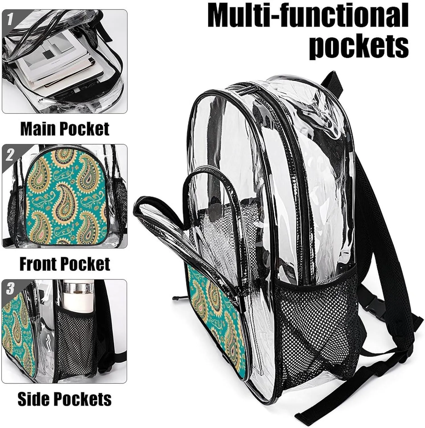 Supdreamc Transparent Daypack Backpack for Trekking Picnic Walking Cycling - Large Capacity Anti-Theft Multipurpose Shoulder Bag, Colorful Flowers Leaves Paisley Art Casual Daypack