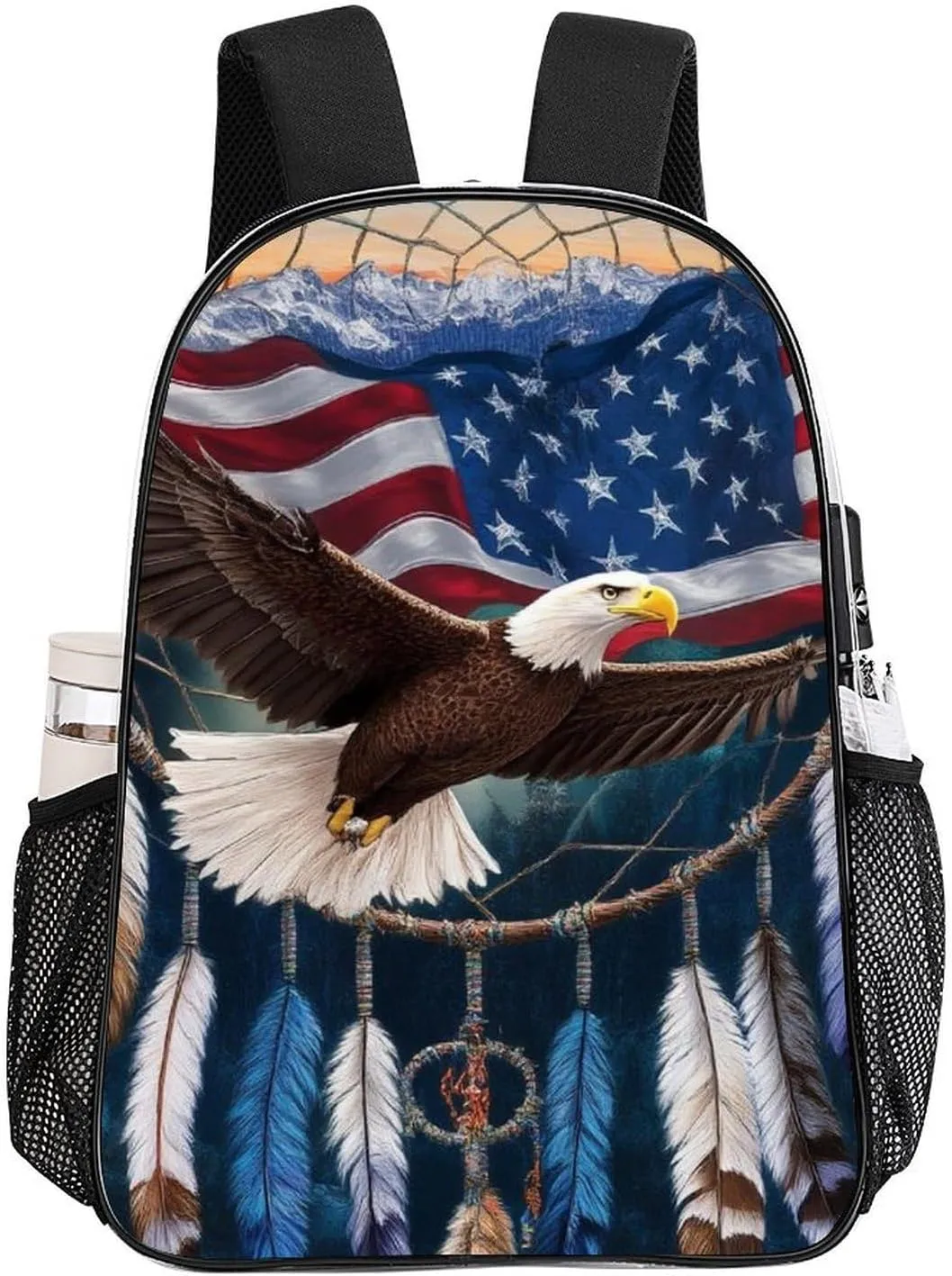 Supdreamc Transparent Daypack for Camping Travel Walking Cycling - Big Capacity Anti-Theft Multipurpose Bookbag, Boho Totem Native American Flag Eagle Dream Catcher Camping Outdoor Backpack