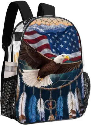 Supdreamc Transparent Daypack for Camping Travel Walking Cycling - Big Capacity Anti-Theft Multipurpose Bookbag, Boho Totem Native American Flag Eagle Dream Catcher Camping Outdoor Backpack
