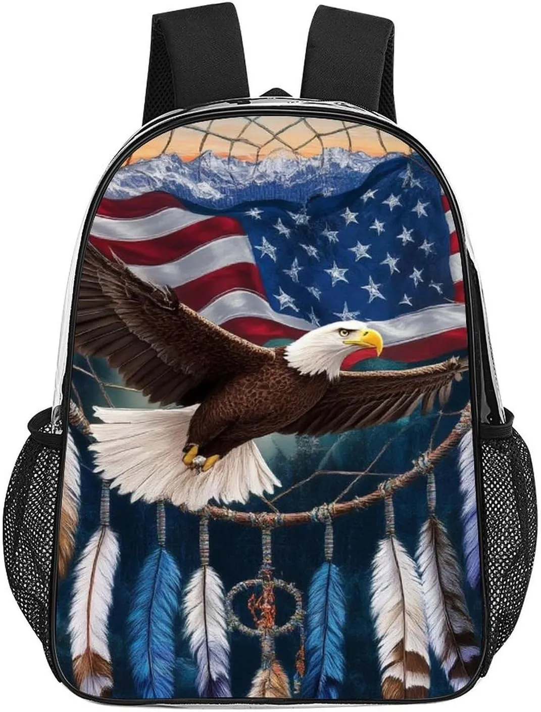 Supdreamc Transparent Daypack for Camping Travel Walking Cycling - Big Capacity Anti-Theft Multipurpose Bookbag, Boho Totem Native American Flag Eagle Dream Catcher Camping Outdoor Backpack