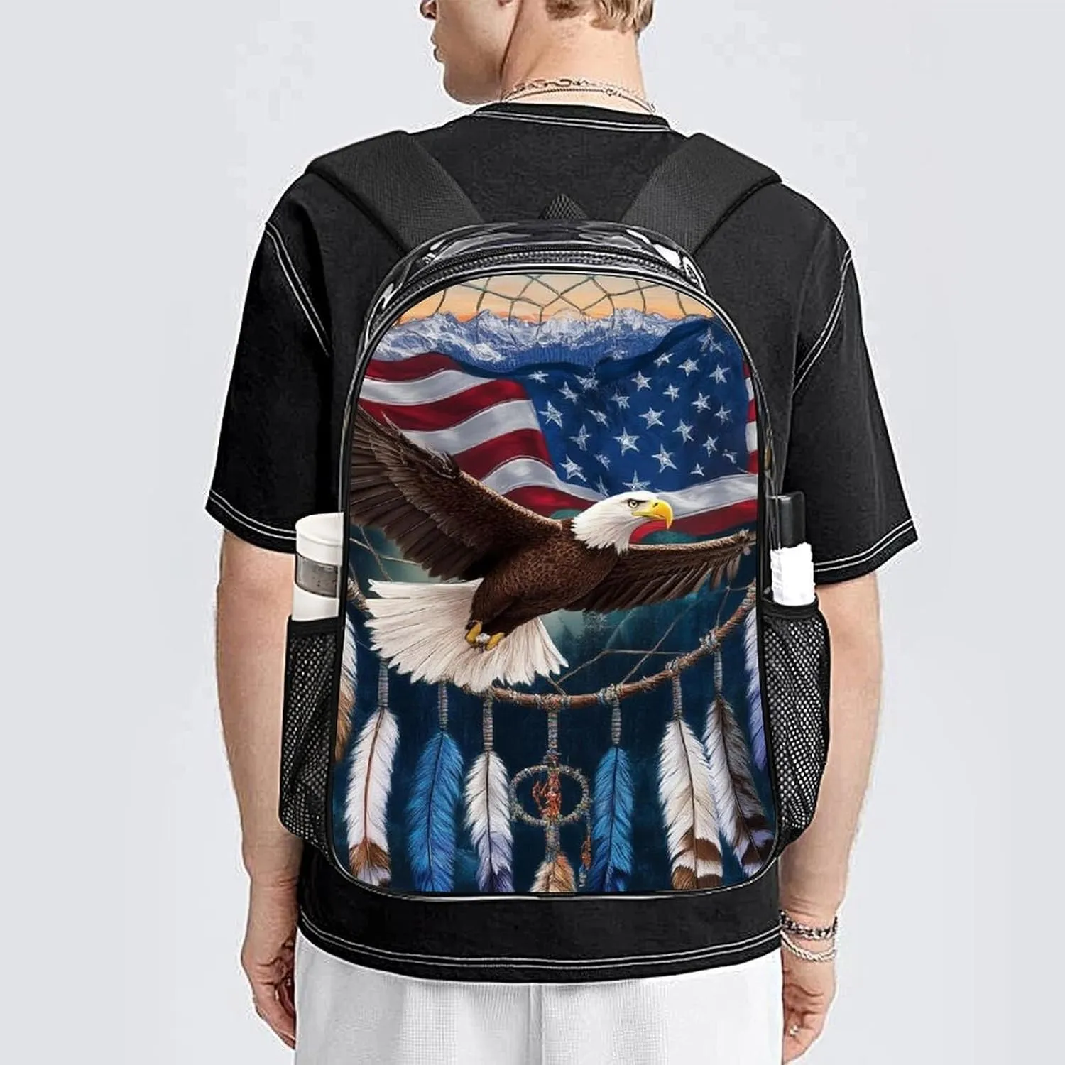 Supdreamc Transparent Daypack for Camping Travel Walking Cycling - Big Capacity Anti-Theft Multipurpose Bookbag, Boho Totem Native American Flag Eagle Dream Catcher Camping Outdoor Backpack