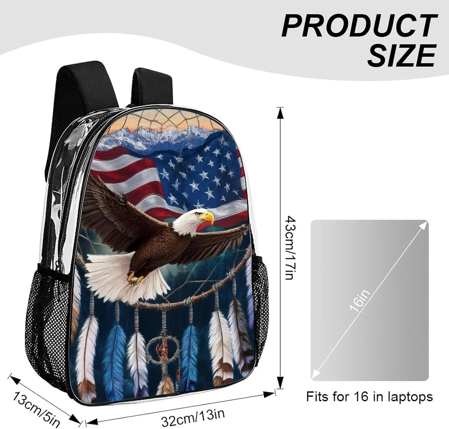 Supdreamc Transparent Daypack for Camping Travel Walking Cycling - Big Capacity Anti-Theft Multipurpose Bookbag, Boho Totem Native American Flag Eagle Dream Catcher Camping Outdoor Backpack