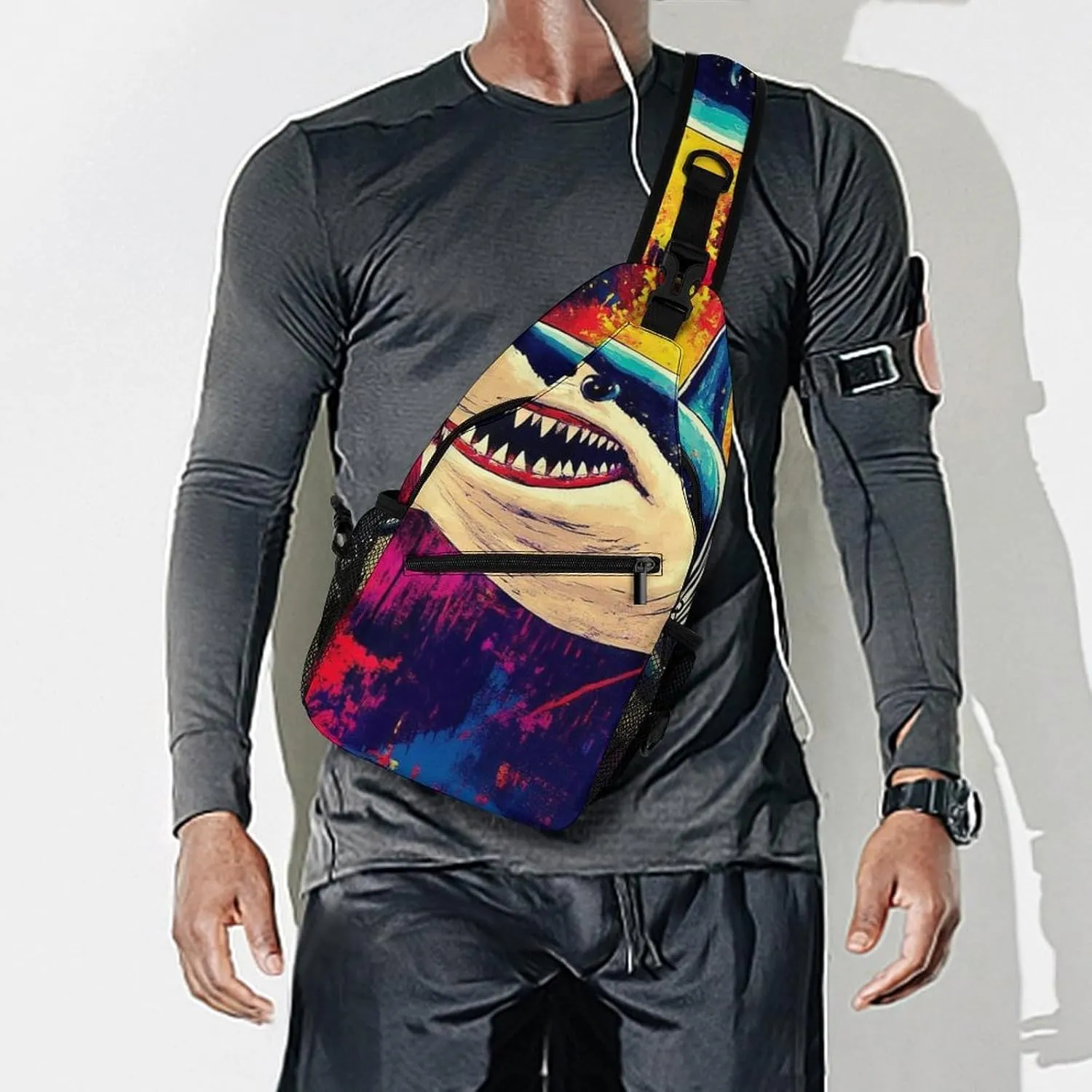 Supdreamc Ultra Lightweight Sling Backpack Cross Body Sling Backpack Multipurpose Anti-Theft Bag for Hiking Cycling Walking Dog Bicycle Travel, Cute Shark Graffiti Art