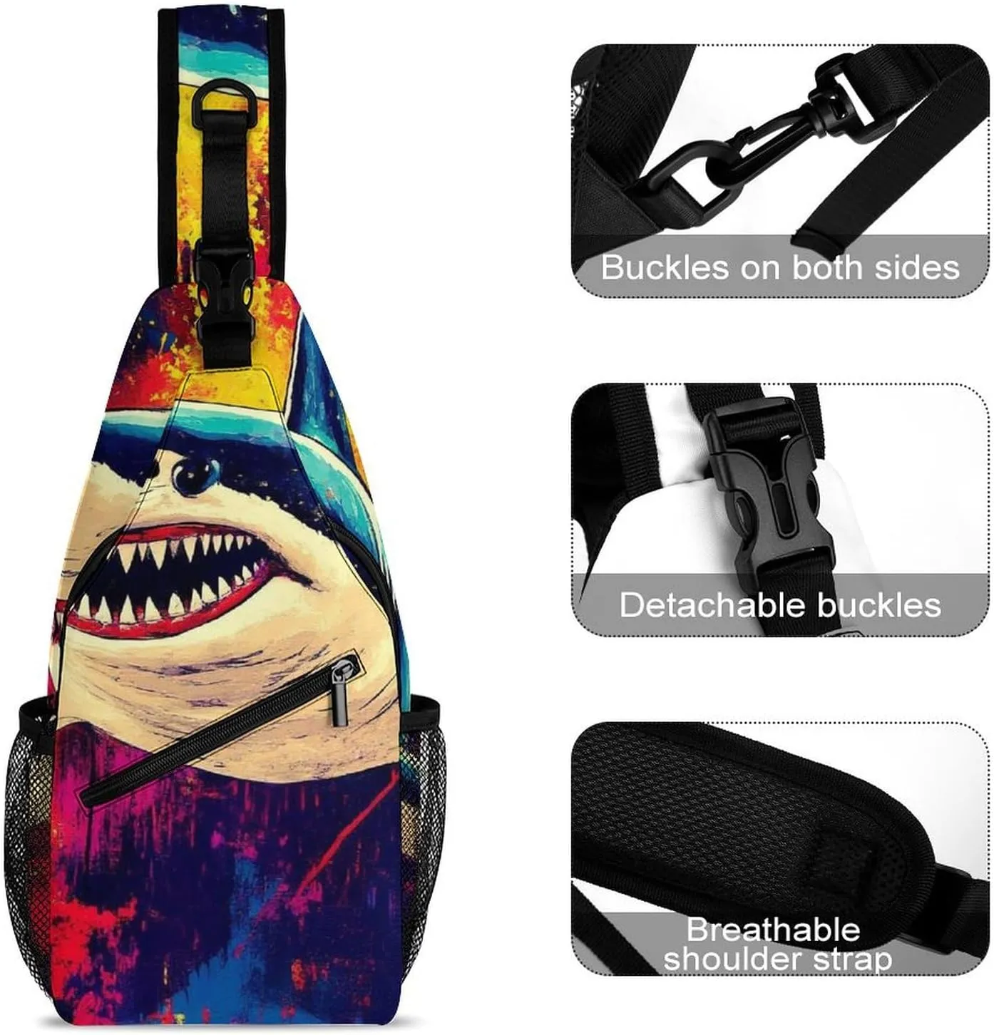 Supdreamc Ultra Lightweight Sling Backpack Cross Body Sling Backpack Multipurpose Anti-Theft Bag for Hiking Cycling Walking Dog Bicycle Travel, Cute Shark Graffiti Art