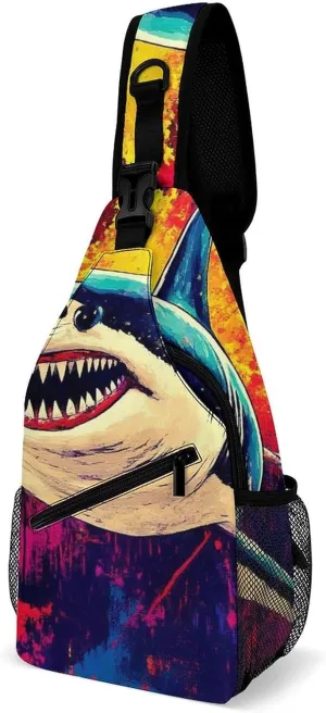 Supdreamc Ultra Lightweight Sling Backpack Cross Body Sling Backpack Multipurpose Anti-Theft Bag for Hiking Cycling Walking Dog Bicycle Travel, Cute Shark Graffiti Art
