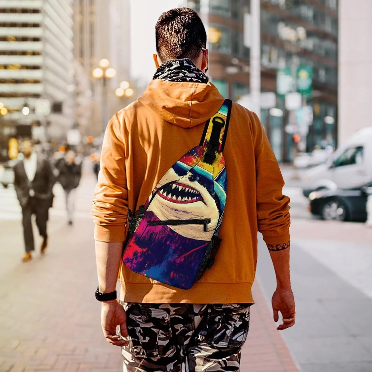 Supdreamc Ultra Lightweight Sling Backpack Cross Body Sling Backpack Multipurpose Anti-Theft Bag for Hiking Cycling Walking Dog Bicycle Travel, Cute Shark Graffiti Art
