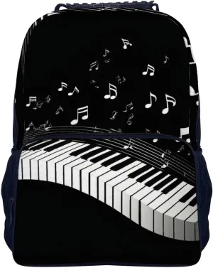 Supdreamc White Piano Keys With Musical Notes Black Daypack Backpack Polyester Multipurpose Anti-Theft Shoulder Bag Big Capacity Gym Outdoor Hiking Backpack With Smooth Zippers