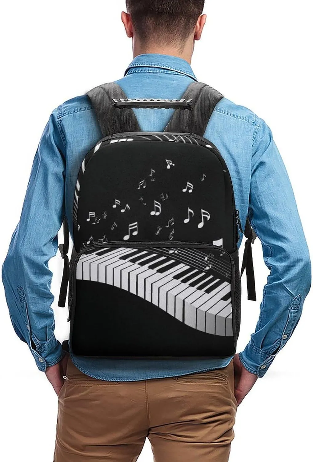 Supdreamc White Piano Keys With Musical Notes Black Daypack Backpack Polyester Multipurpose Anti-Theft Shoulder Bag Big Capacity Gym Outdoor Hiking Backpack With Smooth Zippers