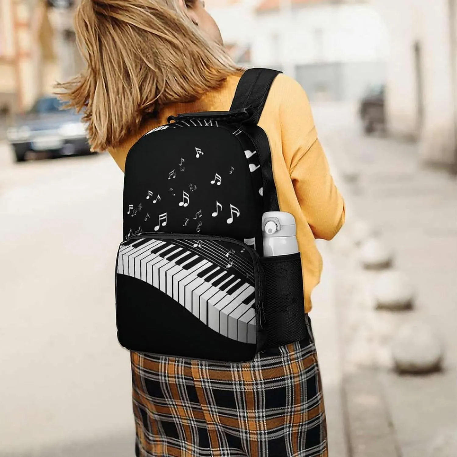 Supdreamc White Piano Keys With Musical Notes Black Daypack Backpack Polyester Multipurpose Anti-Theft Shoulder Bag Big Capacity Gym Outdoor Hiking Backpack With Smooth Zippers